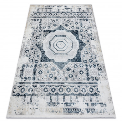 Tappeto moderno DUKE 51542 creme / blu - Rosone vintage strutturata, molto morbida, frange