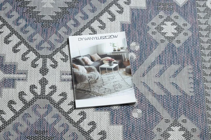 Tappeto SISAL SION azteco 3007 tessuto piatto blu / rosa / ecru
