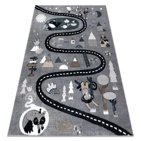 Tappeto FUN Route per bambini, strada, animali grigio