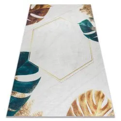 Tappeto lavabile ANDRE 1150 Foglie Monstera, cubo antiscivolo - bianca / oro