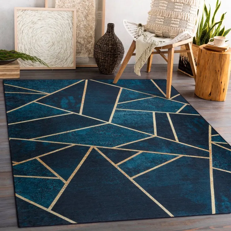 Tappeto lavabile ANDRE 1173 mosaico, geometrico antiscivolo - turchese / oro