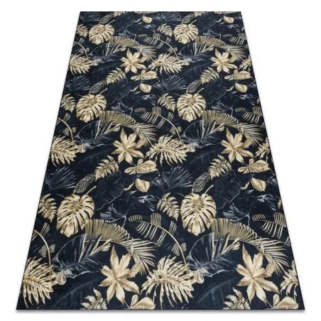 Tappeto lavabile ANDRE 1311 Foglie Monstera antiscivolo - nero / oro