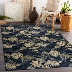 Tappeto lavabile ANDRE 1311 Foglie Monstera antiscivolo - nero / oro