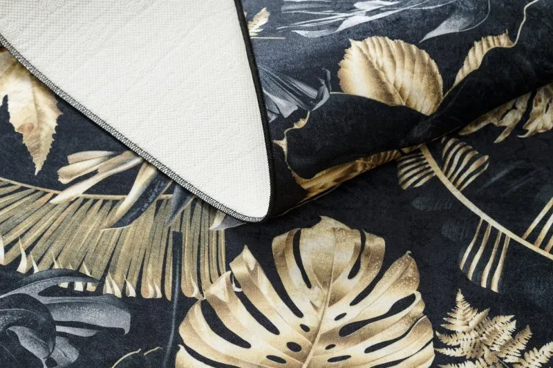 Tappeto lavabile ANDRE 1311 Foglie Monstera antiscivolo - nero / oro