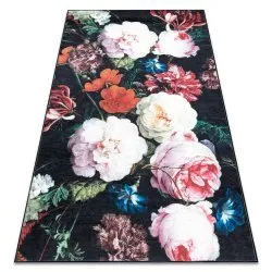Tappeto lavabile ANDRE 1629 fiori vintage antiscivolo - nero / rosa