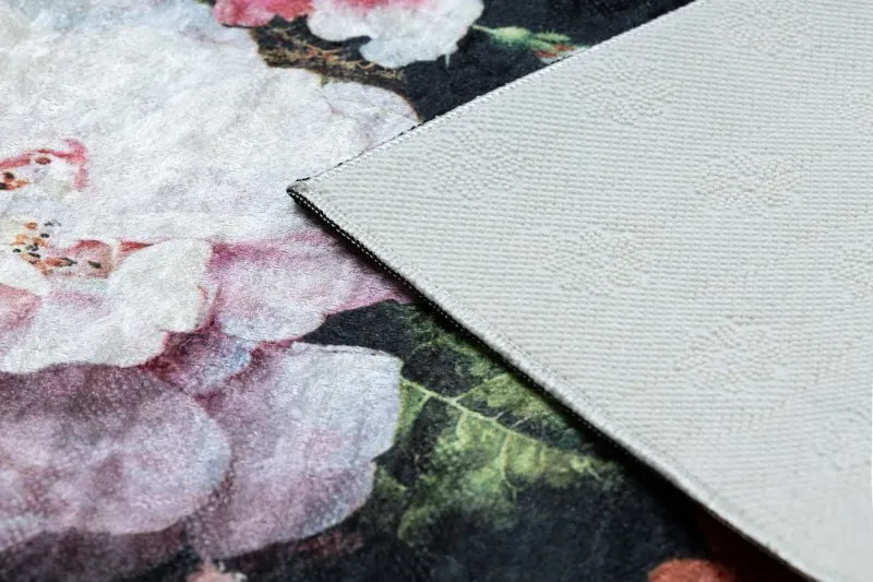 Tappeto lavabile ANDRE 1629 fiori vintage antiscivolo - nero / rosa