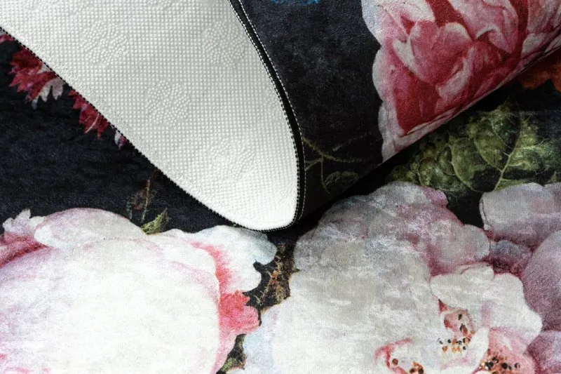 Tappeto lavabile ANDRE 1629 fiori vintage antiscivolo - nero / rosa