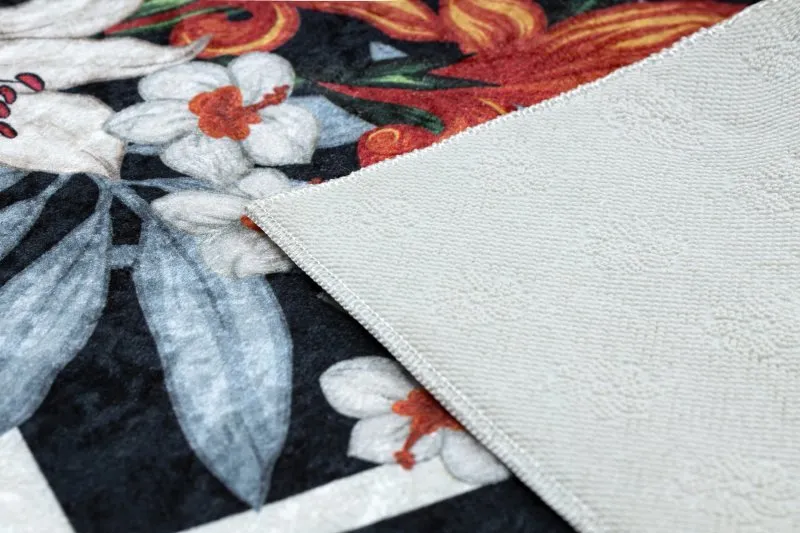 Tappeto lavabile ANDRE 2300 fiori, zigzag antiscivolo - nero / bianco