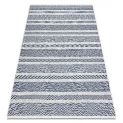 Tappeto ECO SISAL BOHO MOROC Linee 22328 franges - due livelli di pile crema / blu scuro, tappeto in cotone riciclato