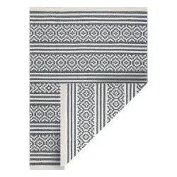 Tappeto TWIN 22996 geometrica, strisce cotone, bifacciale, Frange ecologiche - antracite / crema
