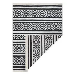 Tappeto TWIN 22996 geometrica, strisce cotone, bifacciale, Frange ecologiche - nero / crema