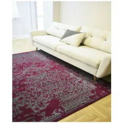 Tappeto vintage in bordo e grigio, perfetto per il soggiorno
