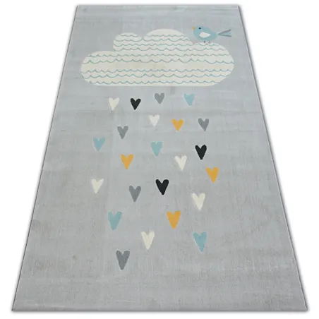 Tappeto moderno grigio e turchese con nuvole e cuori
