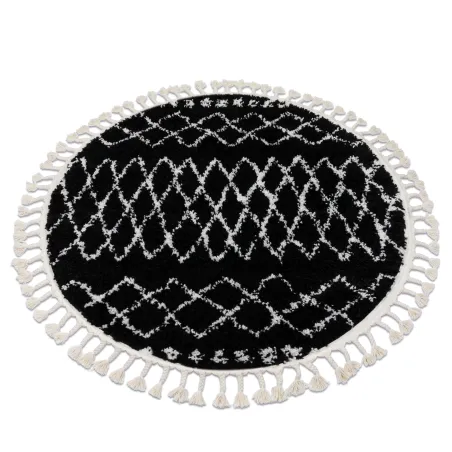 Tappeto rotondo nero e bianco con frange berbere