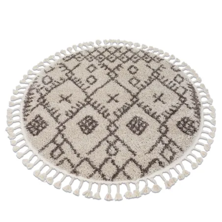 Tappeto circolare crema e marrone con frange, stile berbero, shaggy