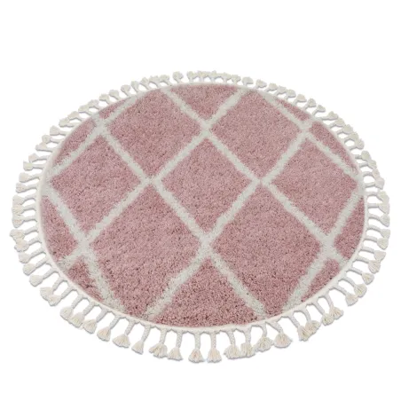 Tappeto rotondo rosa e bianco con frange berbere