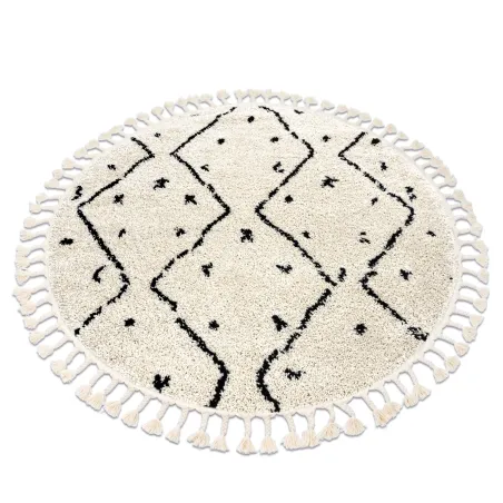 Tappeto rotondo crema con frange, stile berbero marocchino, shaggy