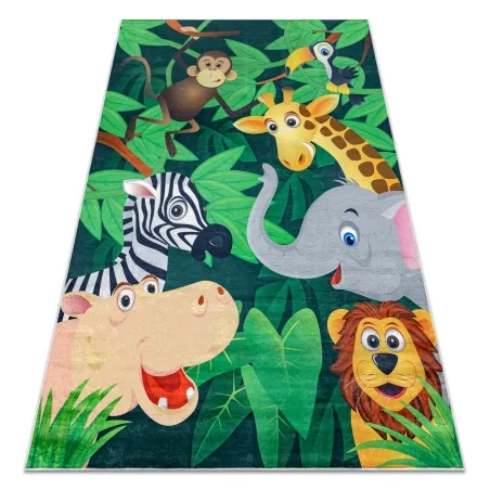 Tappeto BAMBINO 2705, antiscivolo verde e marrone, per bambini, tema animali