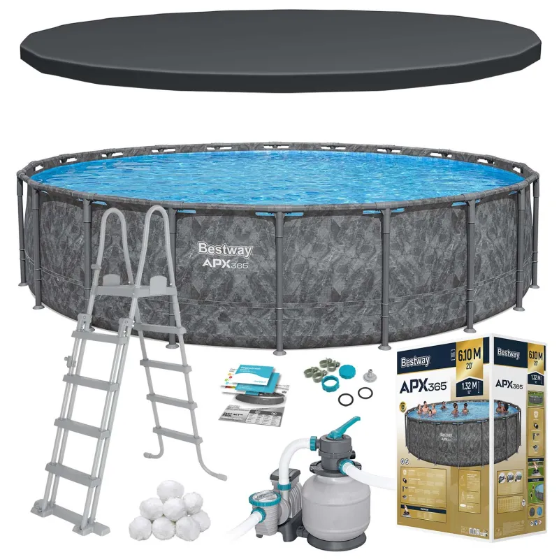 Piscina da giardino 610x132 cm 11 in 1, struttura robusta per esterni