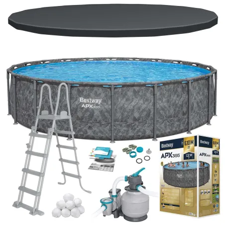 Piscina da giardino 610x132 cm 11 in 1, struttura robusta per esterni